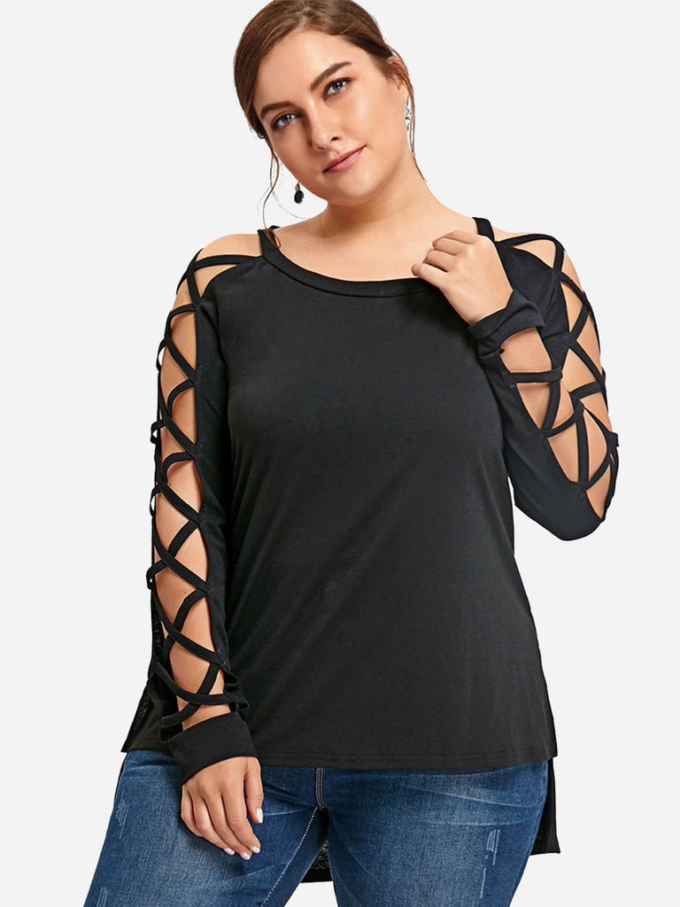 Scoop Neck Plain Cut Out Criss-Cross Long Sleeve High-Low Hem Black Plus Size Tops