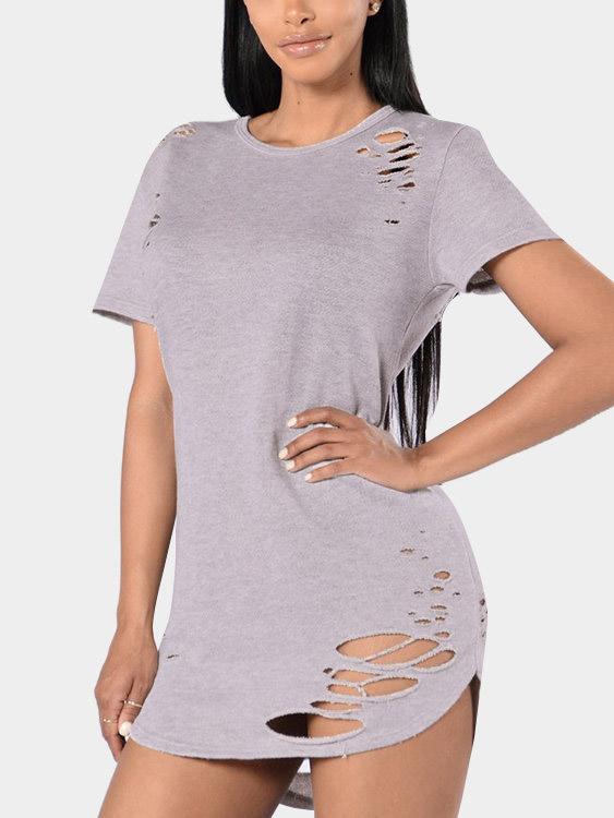 Round Neck Hollow Cut Out Short Sleeve Light Grey T-Shirts