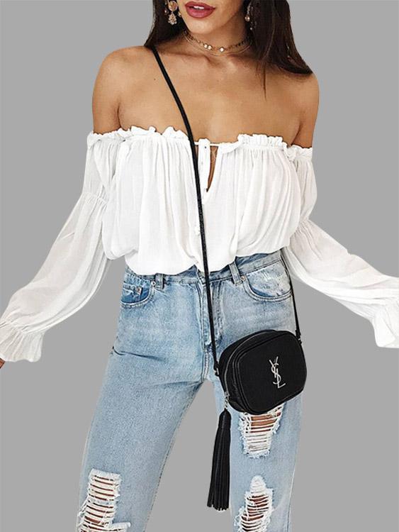 Off The Shoulder Pleated Long Sleeve White Top