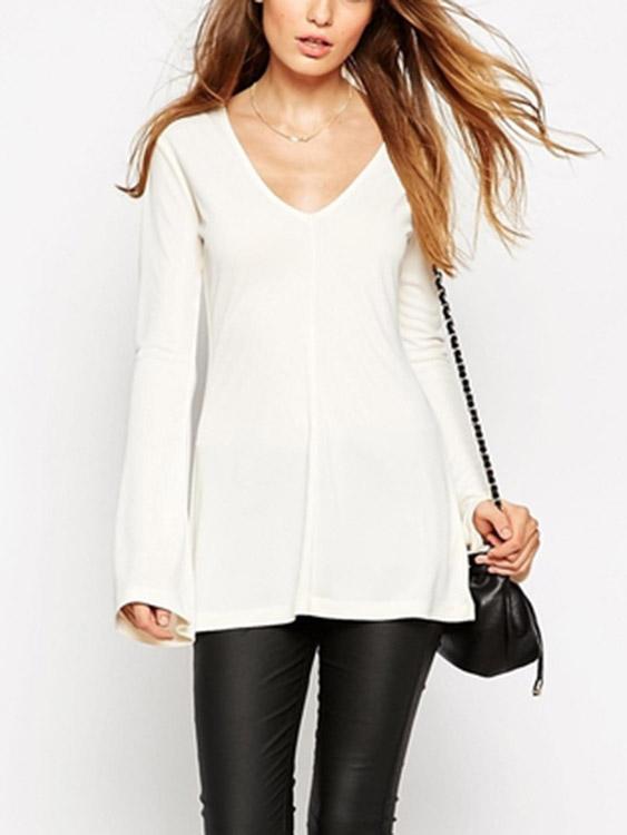 V-Neck Plain Long Sleeve White T-Shirts