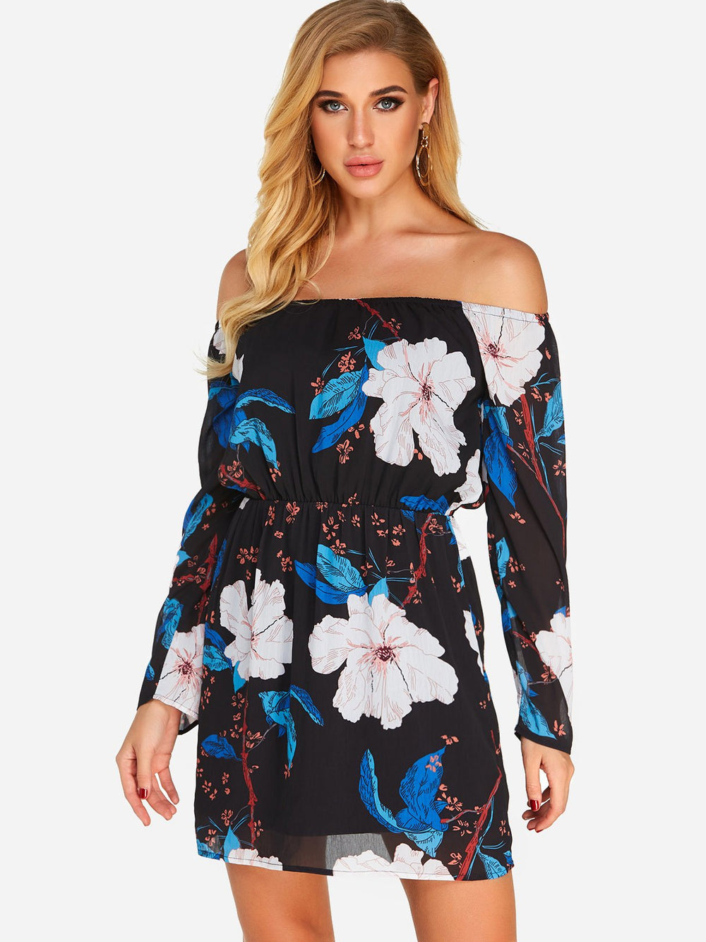 Black Off The Shoulder Long Sleeve Floral Print Mini Dress