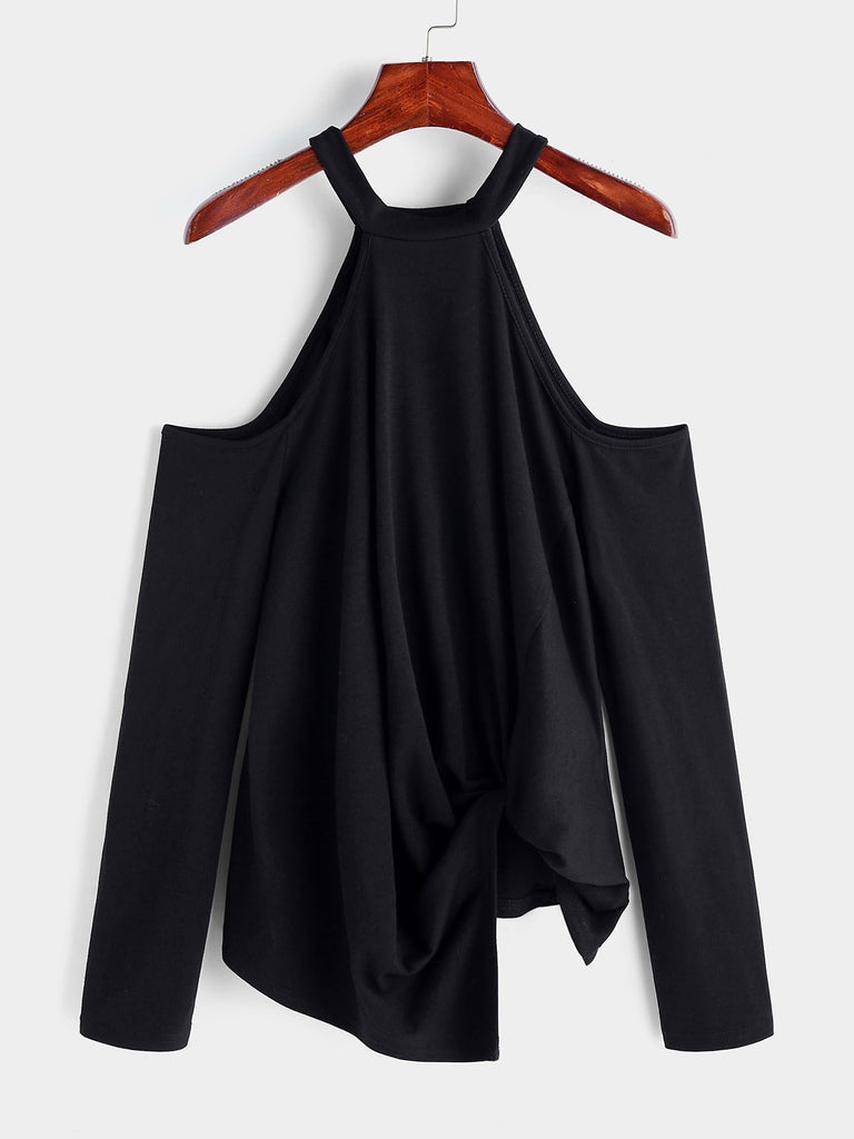 Halter Cold Shoulder Plain Long Sleeve Black T-Shirts