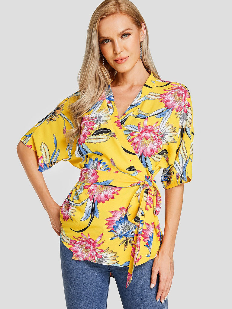 V-Neck Floral Print Self-Tie Half Sleeve Yellow Blouses
