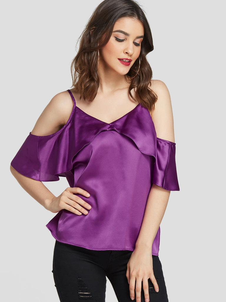 Cold Shoulder Plain Backless Ruffle Trim Short Sleeve Purple T-Shirts