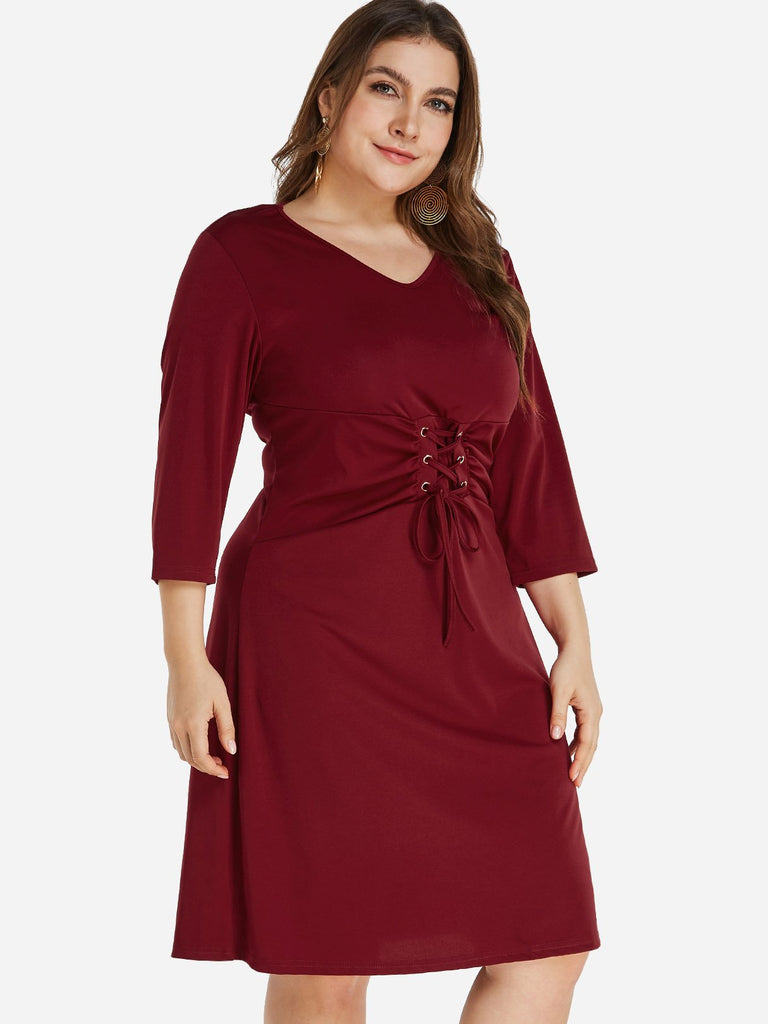 V-Neck Plain Lace-Up Self-Tie 3/4 Sleeve Burgundy Plus Size Dress