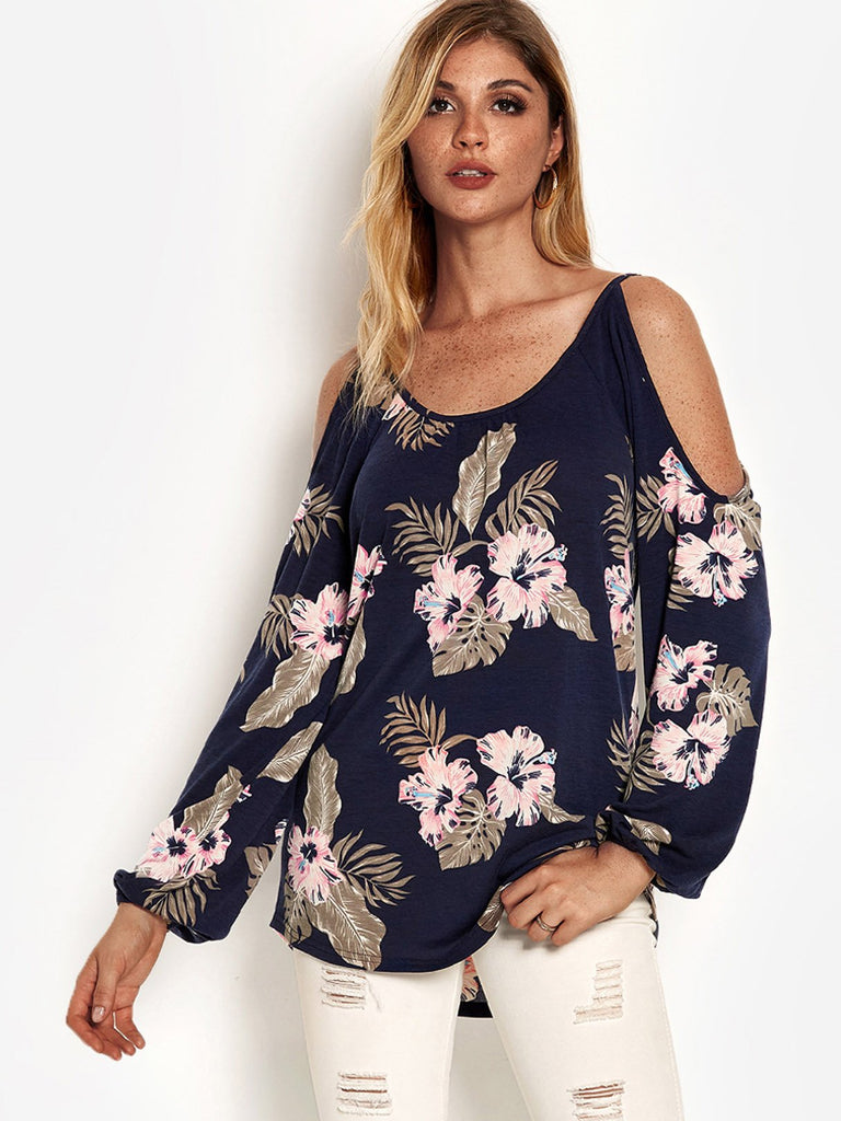Navy Round Neck Cold Shoulder Long Sleeve Floral Print T-Shirts