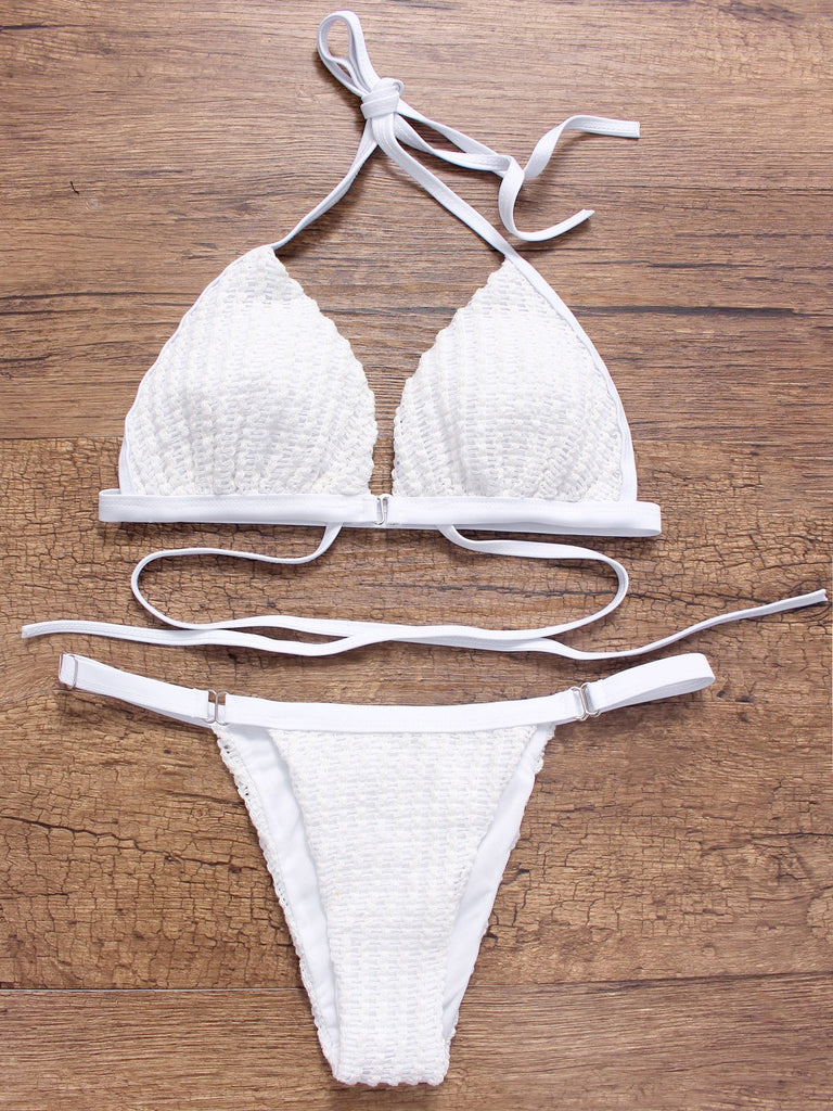 Halter V-Neck Plain Lace-Up Metallic Buckle Sleeveless White Bikinis