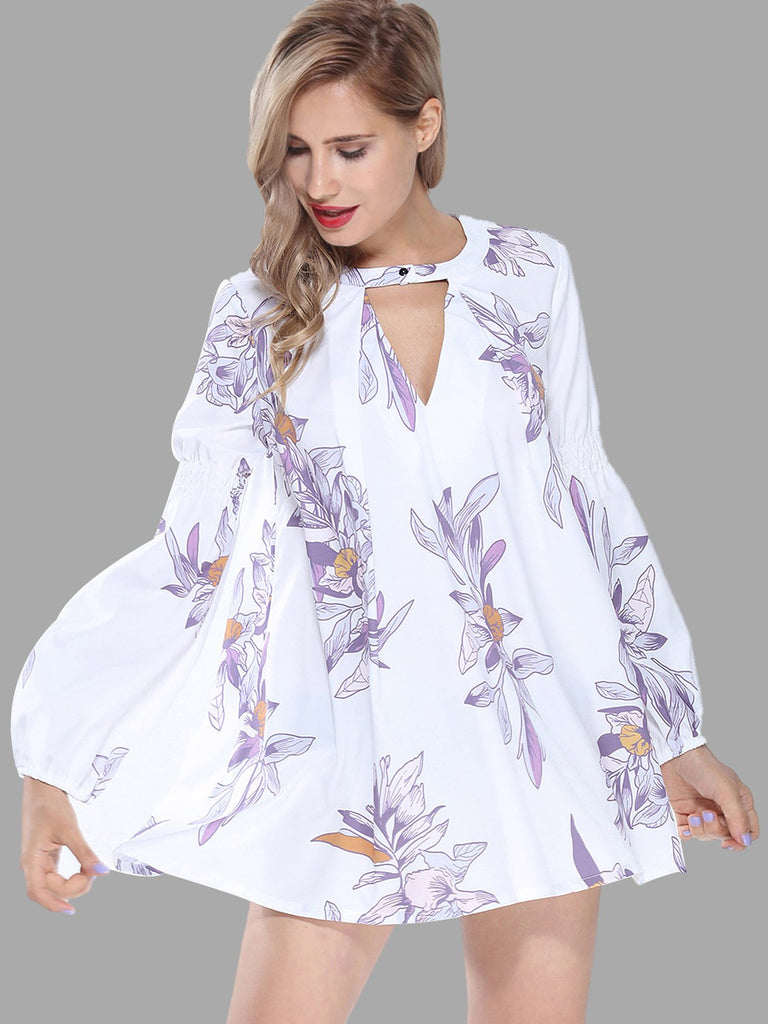 Crew Neck Long Sleeve Floral Print Side Pockets Cut Out Shirt Dress