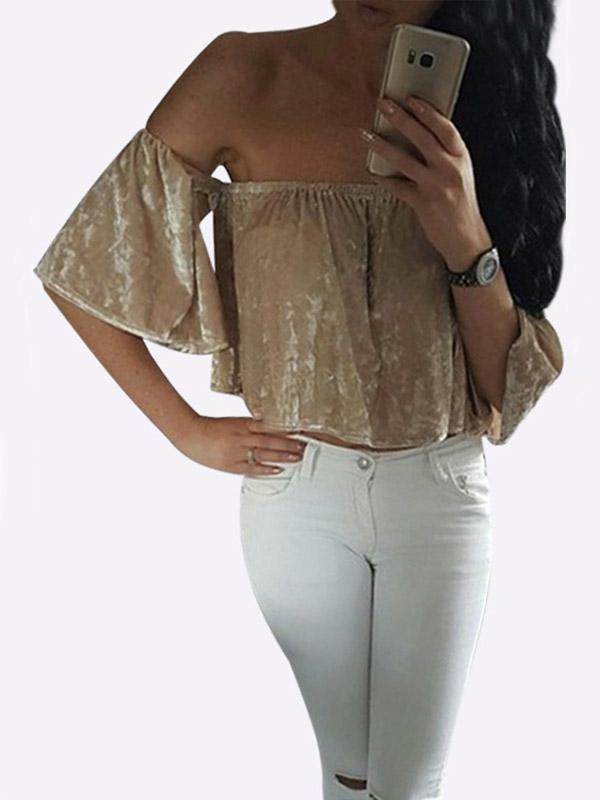 Off The Shoulder Pleated Short Sleeve Gold Top