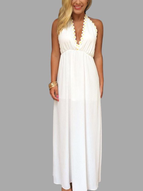 White Deep V-Neck Sleeveless Backless Maxi Dress