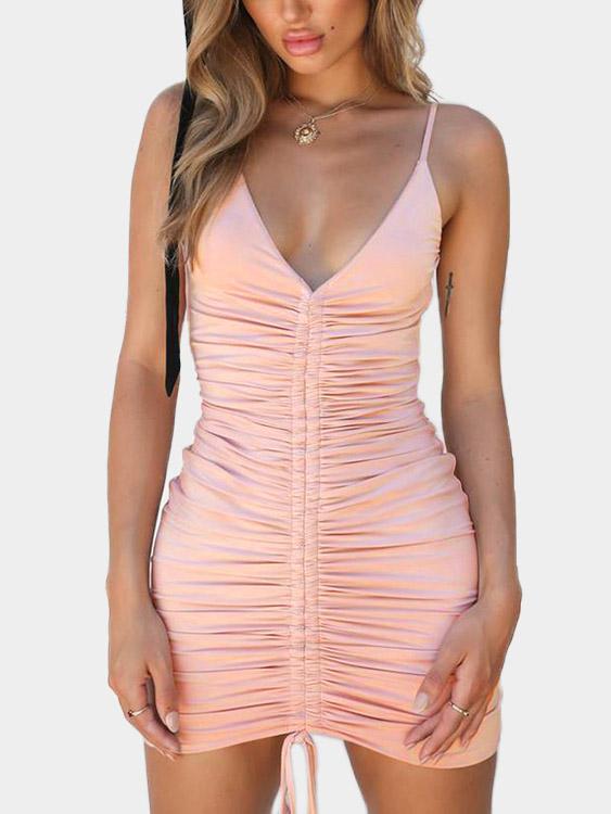 Pink Deep V Neck Sleeveless Backless Lace-Up Bodycon Sexy Dresses