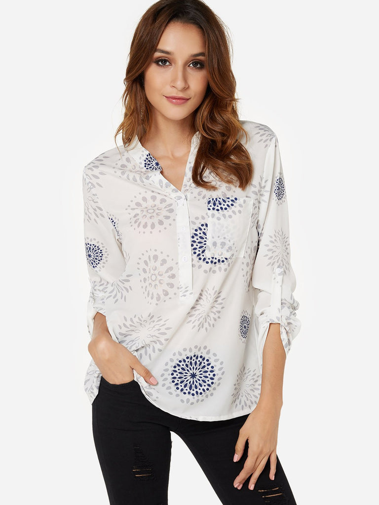 Random Tribal Print V-Neck Long Sleeves Shirt