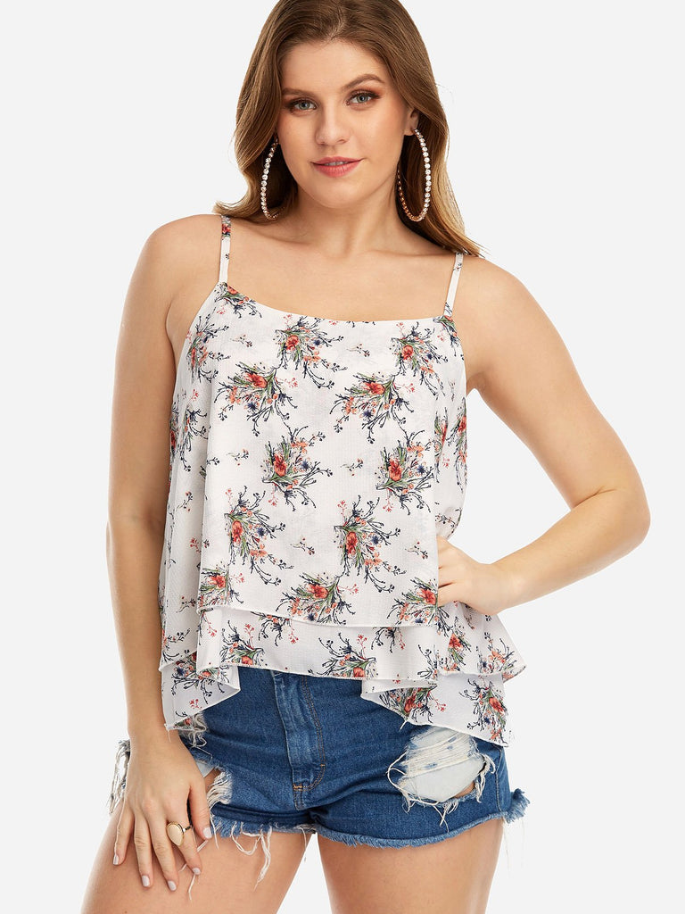 Square Neck Floral Print Tiered Backless Spaghetti Strap Sleeveless White Plus Size Tops