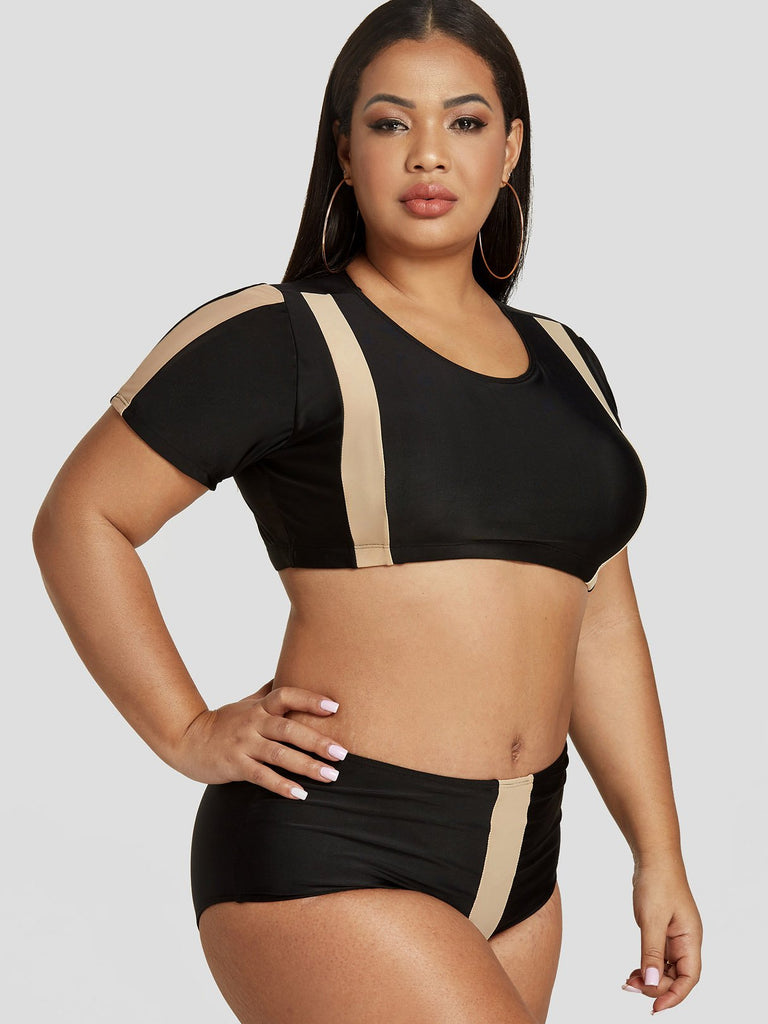 Round Neck Short Sleeve Black Plus Size Swimwear