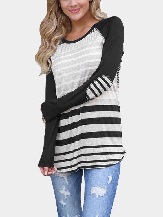 Round Neck Stripe Long Sleeve Curved Hem T-Shirt
