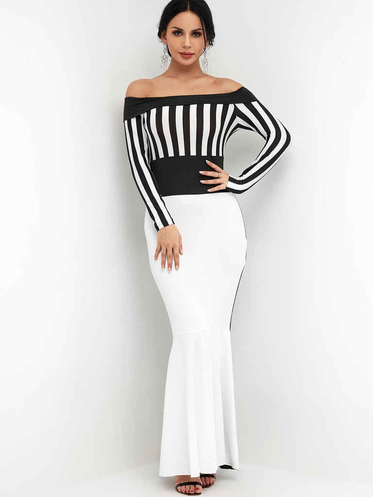 Off The Shoulder Long Sleeve Stripe Zip Back Flounced Hem Maxi Dress