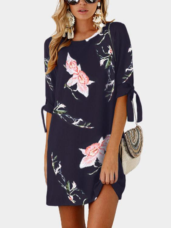 Navy Floral Print Round Neck Half Sleeve Self-Tie Mini Dresses