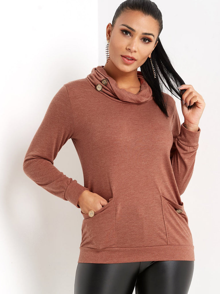 Drape Sagging Plain Side Pockets Long Sleeve Blouses