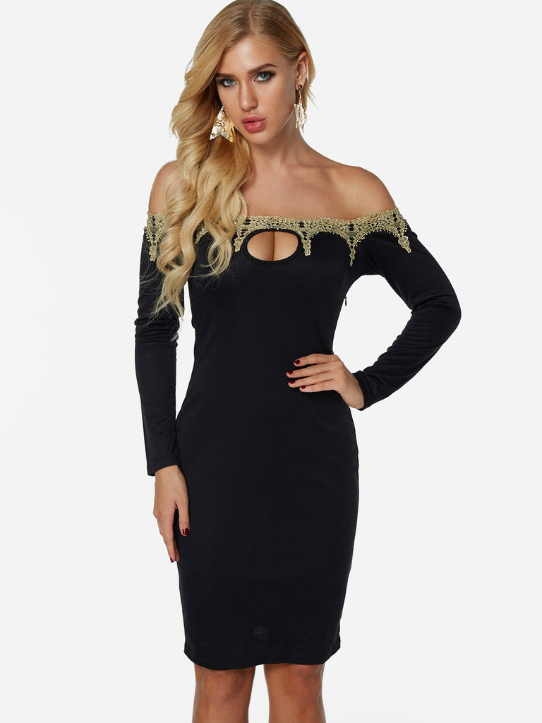 Black Off The Shoulder Long Sleeve Plain Crochet Lace Embellished Cut Out Dresses