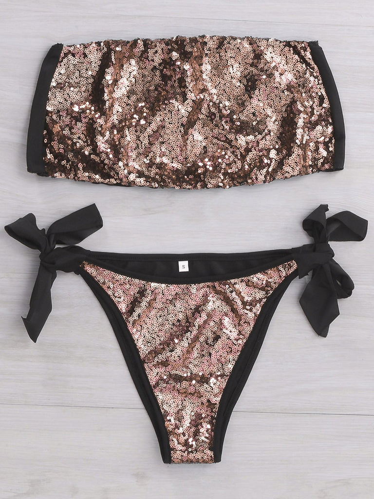 Off The Shoulder Sleeveless Sequins Embellished Bikinis