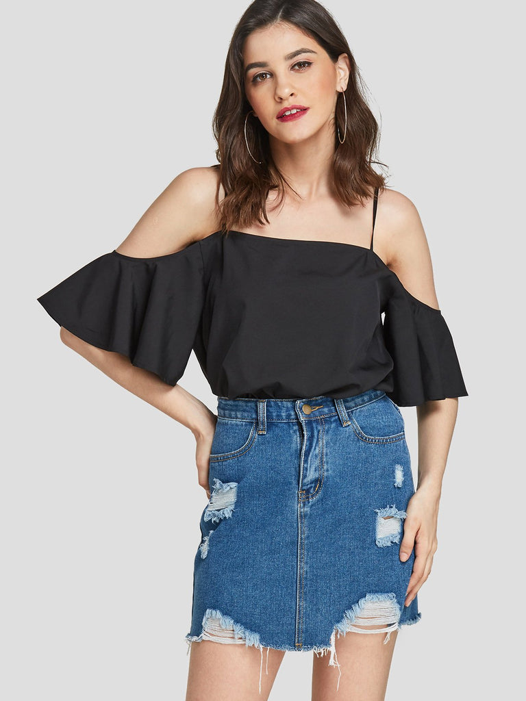 Cold Shoulder Plain Ruffle Trim Short Sleeve Black T-Shirts