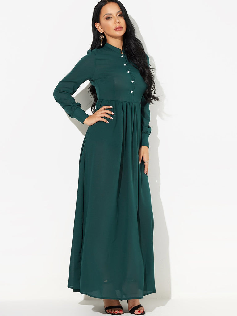 Green Round Neck Long Sleeve Maxi Dress