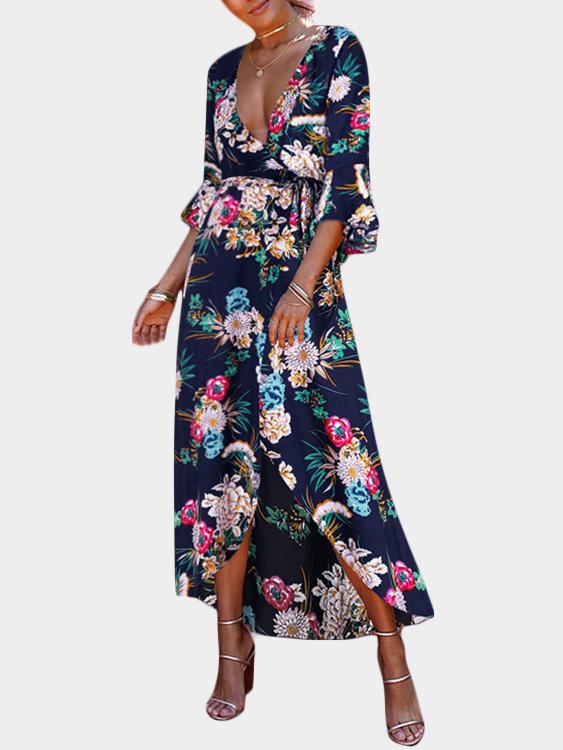 Blue Deep V Neck 3/4 Length Sleeve Floral Print Lace-Up Slit Hem Dresses