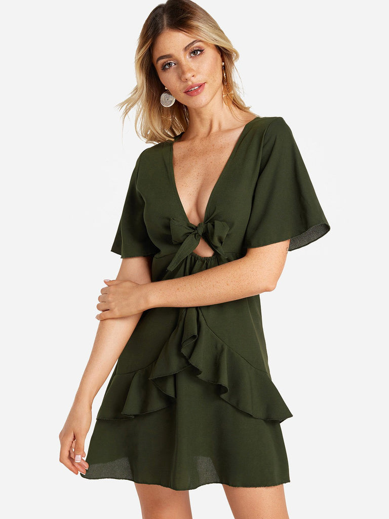 Deep V Neck Short Sleeve Plain Lace-Up Green Sexy Dresses