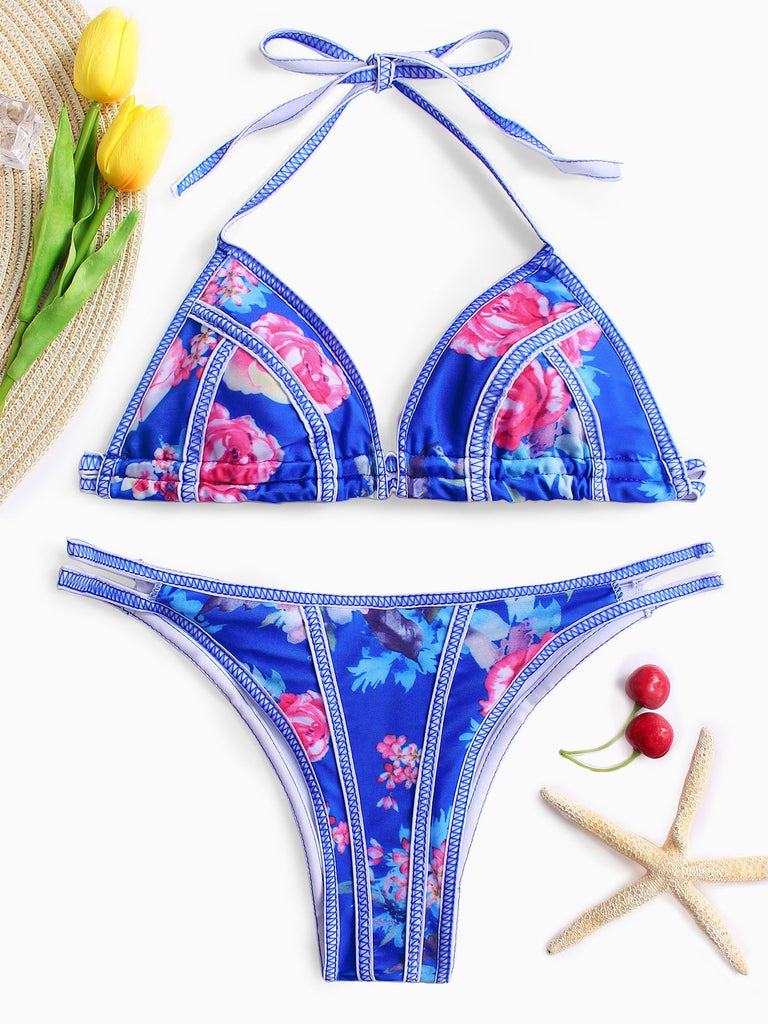 Blue Halter V-Neck Sleeveless Floral Print Cut Out Self-Tie Bikinis