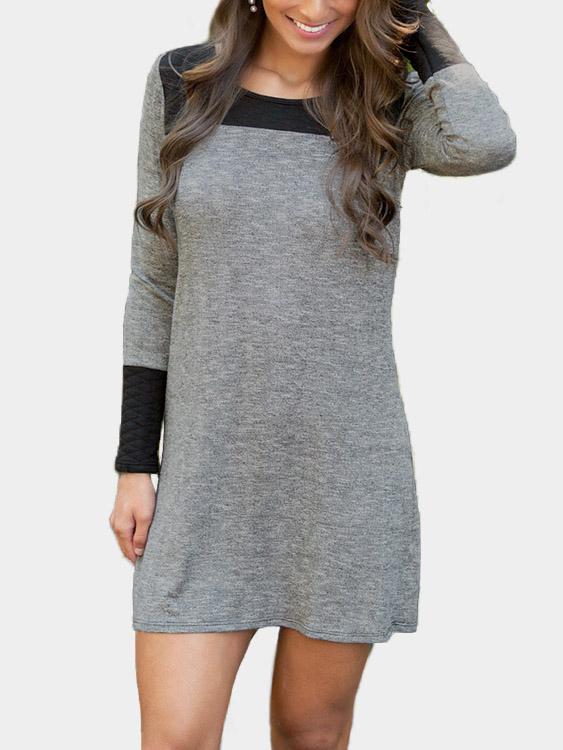 Grey Round Neck Long Sleeve Mini Dress