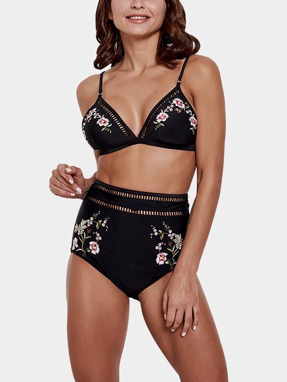 V-Neck Embroidered Hollow Tie-Up Sleeveless High-Waisted Black Bikini Set