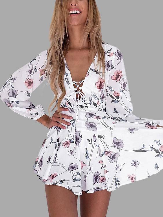 White V-Neck Long Sleeve Floral Print Zip Back Criss-Cross Dresses