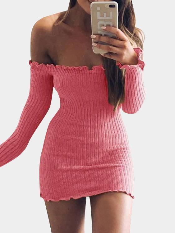 Off The Shoulder Long Sleeve Plain Bodycon Mini Dress