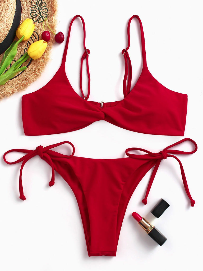 Red V-Neck Plain Tie-Up High Waist Two Piece Bikinis