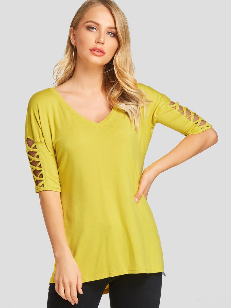 V-Neck Hollow Half Sleeve Yellow T-Shirts
