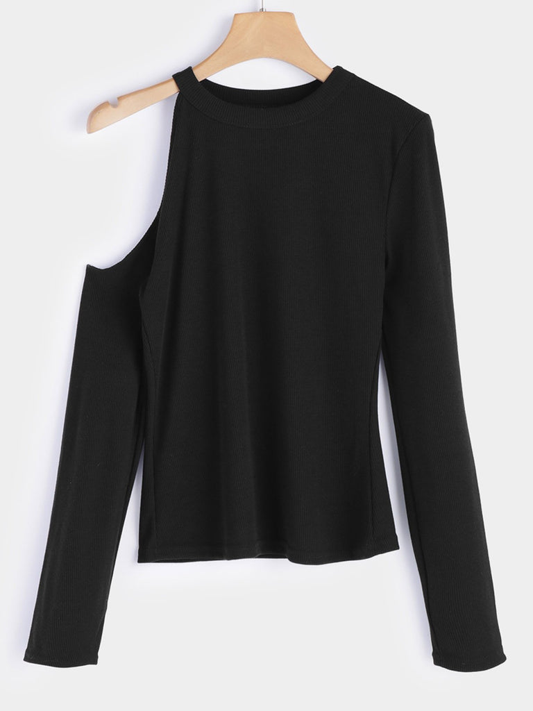 Crew Neck Asymmetrical One Shoulder Plain Cut Out Long Sleeve Black Blouses