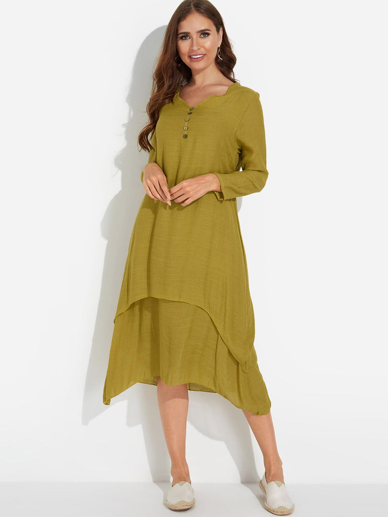 V-Neck Long Sleeve Irregular Hem Maxi Dress