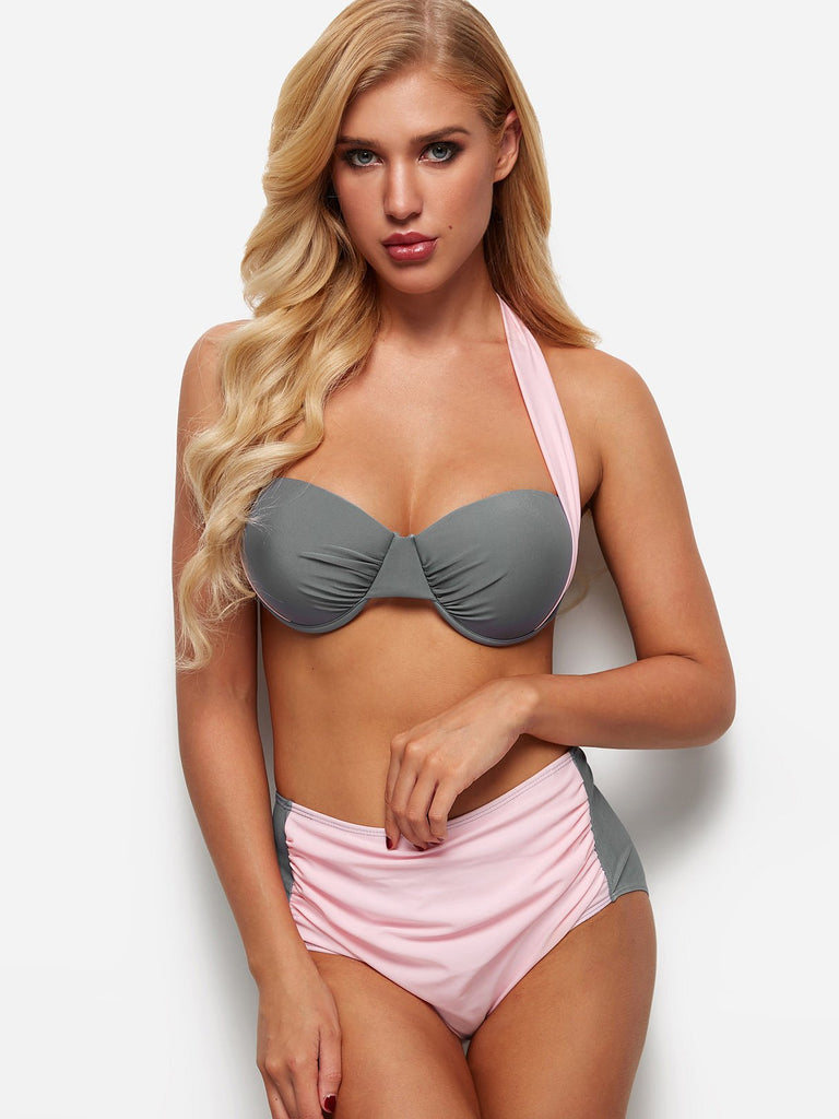 Grey Halter Sleeveless Backless Pleated Tie-Up High Waist Two Piece Bikinis