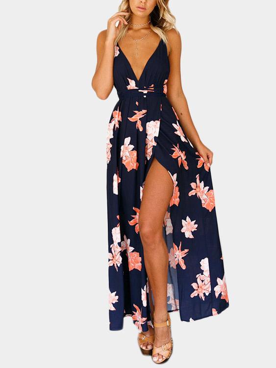 Sleeveless Floral Print Backless Spaghetti Strap Slit Hem Dresses