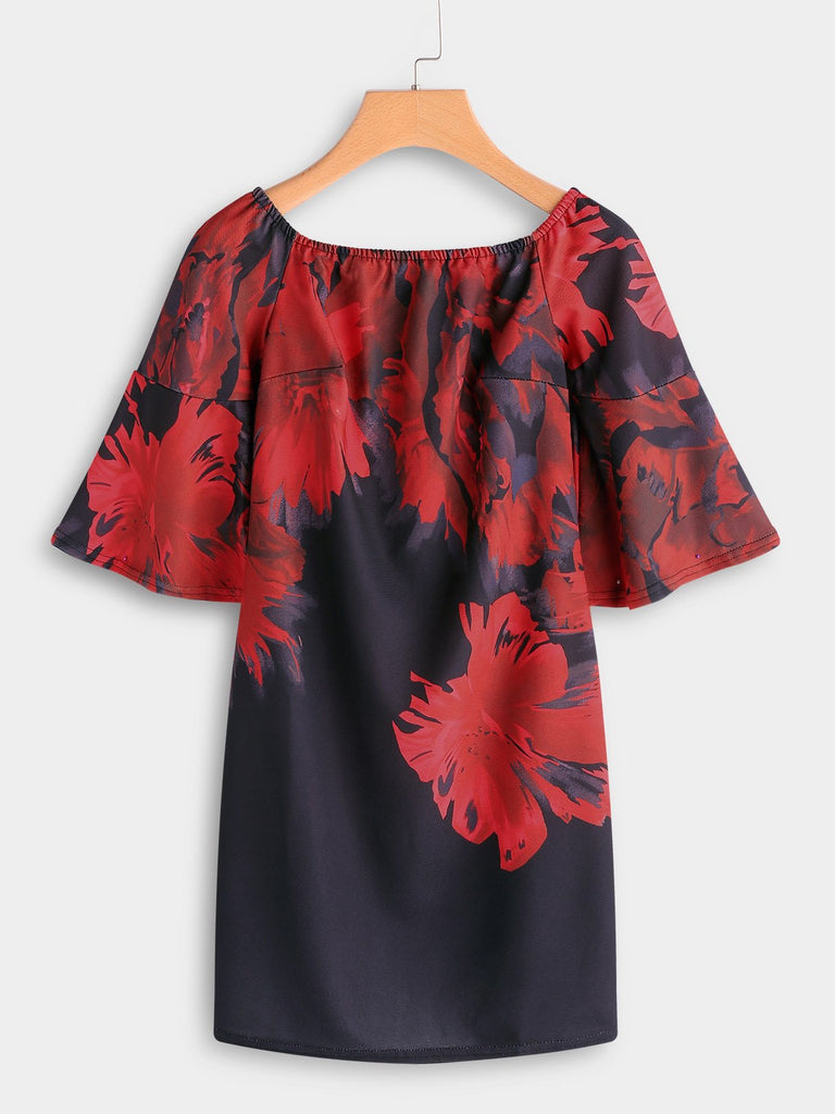 Red Off The Shoulder Half Sleeve Backless Dresses