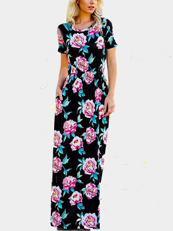 Round Neck Short Sleeve Floral Print Maxi Dress