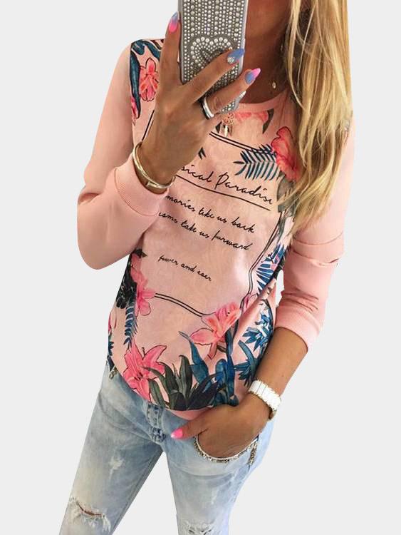 Crew Neck Floral Print Long Sleeve Pink T-Shirts