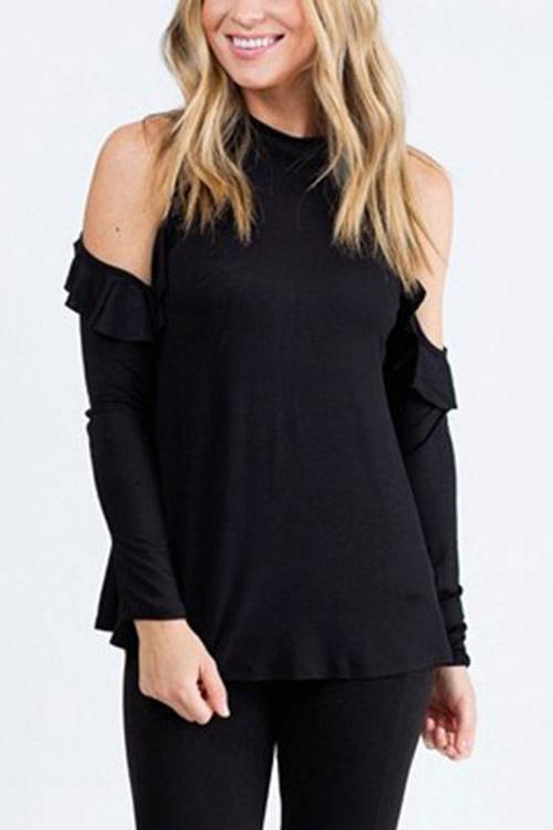 Round Neck Cold Shoulder Plain Long Sleeve Black Top