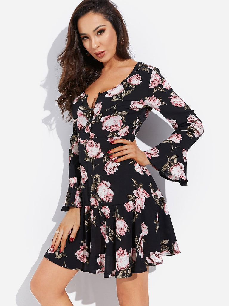 Black V-Neck Long Sleeve Floral Print Ruffle Hem Dresses