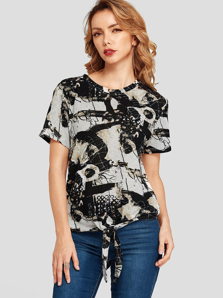 Round Neck Printed Self-Tie Short Sleeve Black T-Shirts