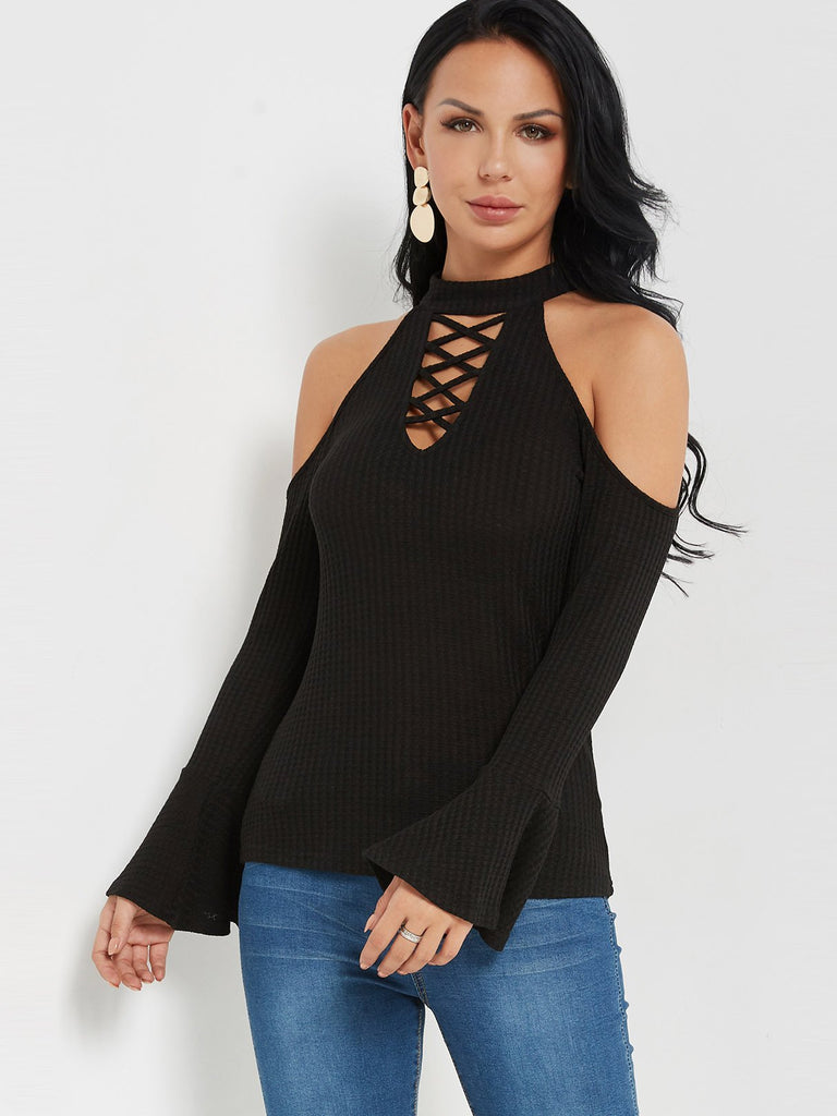 Halter Lace-Up Long Sleeve Black Top