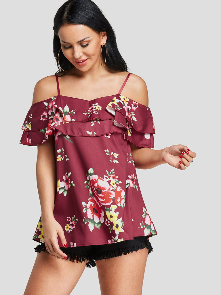 Cold Shoulder Floral Print Tiered Short Sleeve T-Shirts