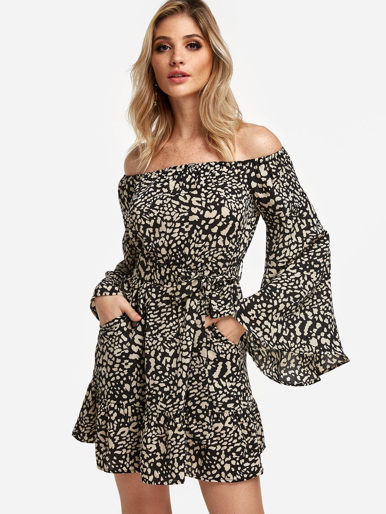 Off The Shoulder Long Sleeve Leopard Self-Tie Ruffle Hem Dresses