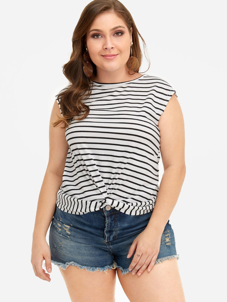 Round Neck Stripe Pleated Sleeveless White Plus Size Tops