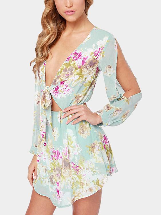 Long Sleeve Floral Print Tie Up Front Cold Shoulder Dresses With Lining